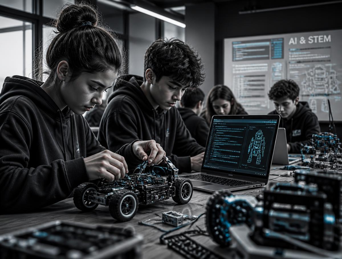 Students building robotics kits in an AI and STEM learning lab